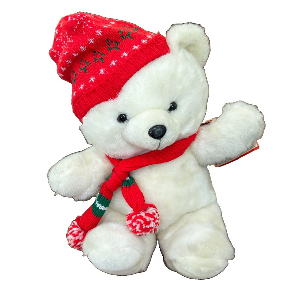 1986 Our Christmas Bear Teddy Plush Stuffed Santa White Hat Scarf VTG Dandee 20"